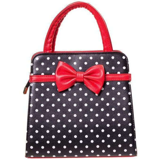 Black and red polka dot handbag with bow, stylish and practical purse for modern women.