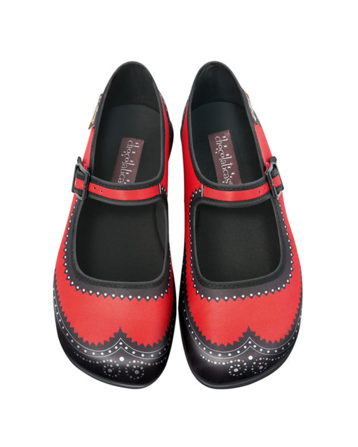 Hot Chocolate Design Brogue in Carmine - vibrant red & black mary jane shoes with intricate detailing.
