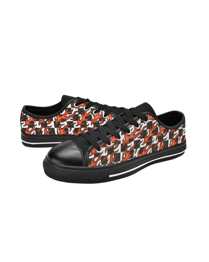 Checkerboard + Flames Kids Sneakers(B) featuring red flames and black accents on a canvas design.