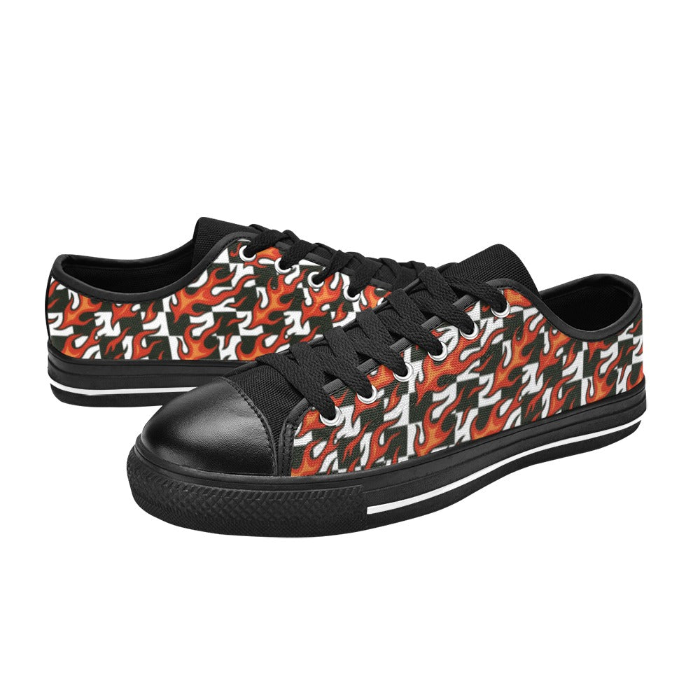 Checkerboard + Flames Kids Sneakers(B) featuring bold black-and-white checker pattern with vibrant red flames.