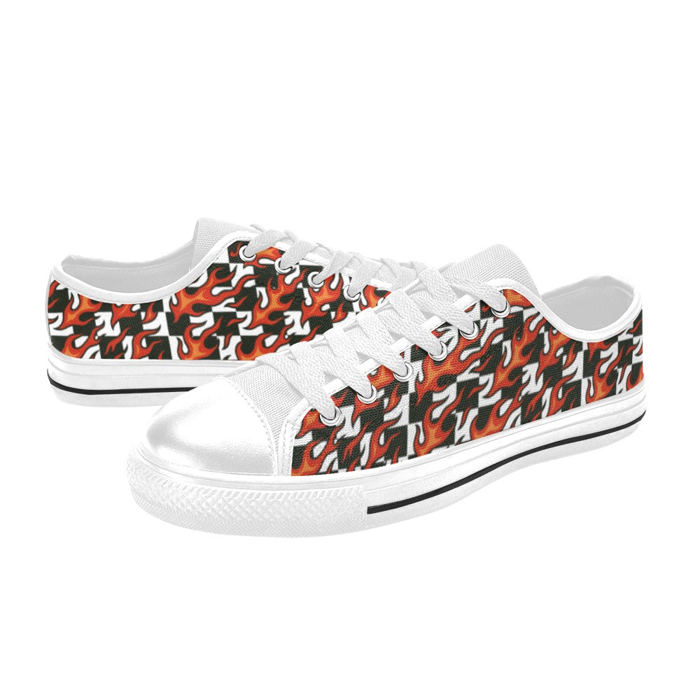 Checkerboard + Flames Kids Sneakers with vibrant red flames and classic black-and-white check pattern.