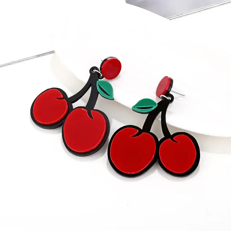 CHERRIES Acrylic Drop/Dangle Stud Post Earrings featuring red cherries and green leaves, perfect for a fun, pin-up style look.