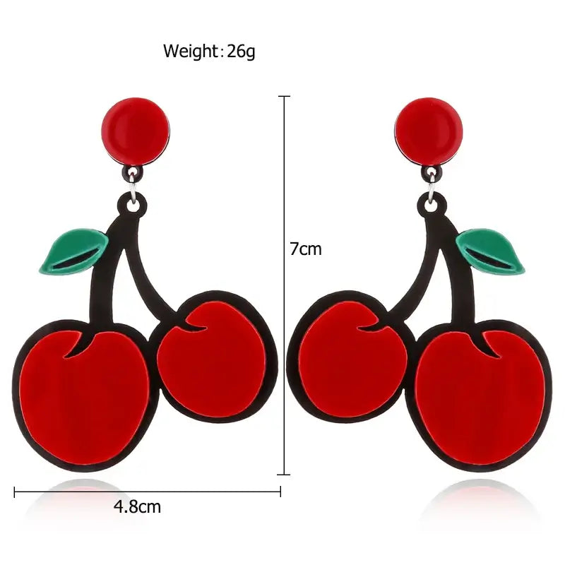 CHERRIES Acrylic Drop/Dangle Stud Post Earrings with red cherries and green leaves, perfect for casual pin-up style.