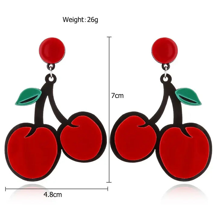 CHERRIES Acrylic Drop/Dangle Stud Post Earrings with red cherries and green leaves, perfect for casual pin-up style.