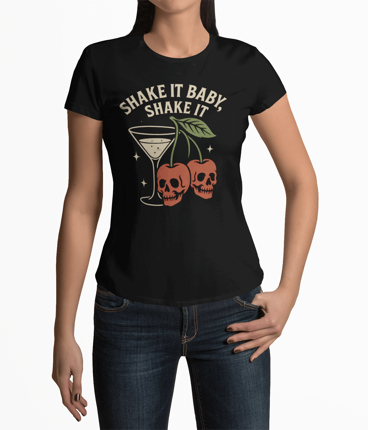 Cherry Martini women's tee featuring skull cherries and a martini glass with a retro design, perfect for rockabilly fans.