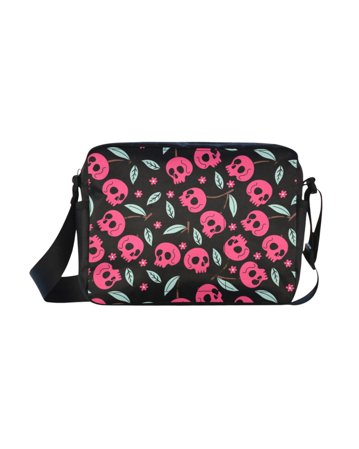 Cherry Skulls Crossbody Bag featuring vibrant pink skulls and green leaves, perfect for edgy everyday style.