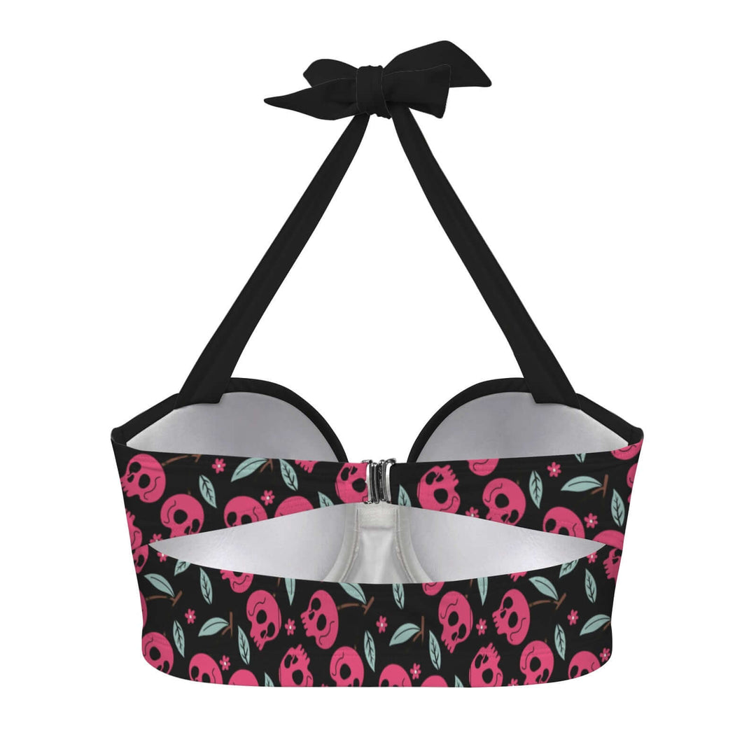 Cherry Skulls High Waist Bikini back view featuring bold pink skull design and black strap bow detail.