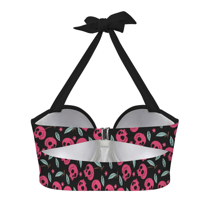 Cherry Skulls High Waist Bikini back view featuring bold pink skull design and black strap bow detail.