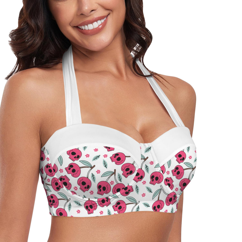 Cherry Skulls High Waist Bikini Top featuring a playful skull and cherry print, perfect for summer beach days.