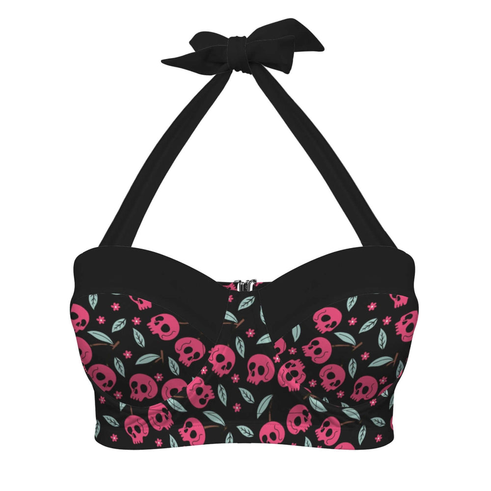 Cherry Skulls High Waist Bikini top featuring a bold cherry skull design and halter tie.