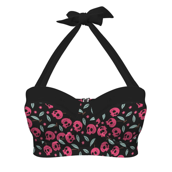 Cherry Skulls High Waist Bikini top featuring a bold cherry skull design and halter tie.