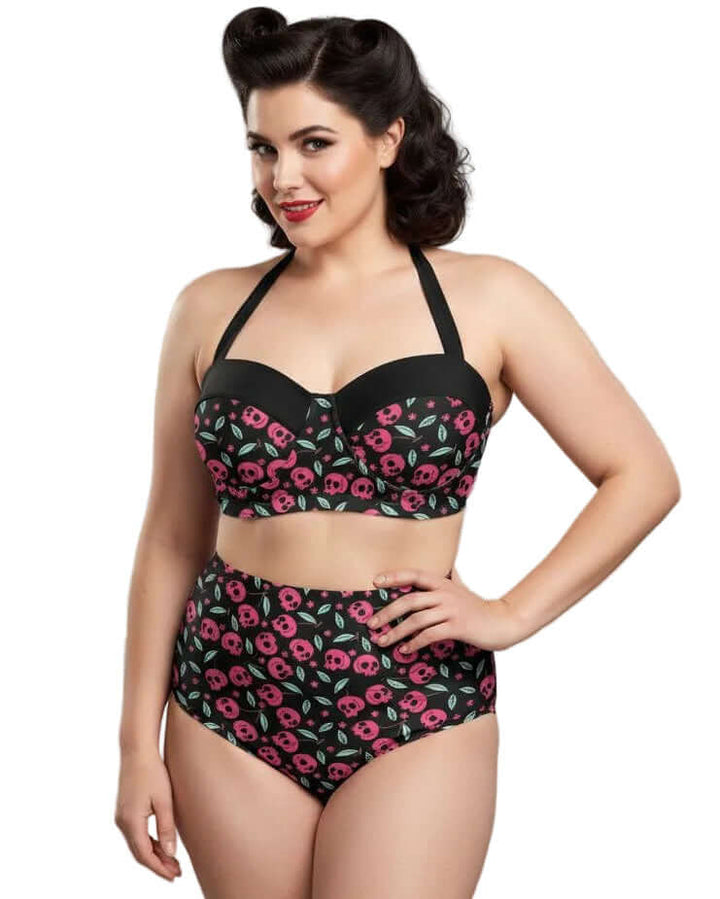 Cherry Skulls High Waist Bikini on a model, showcasing retro style with a bold cherry skull design and high-waisted coverage.