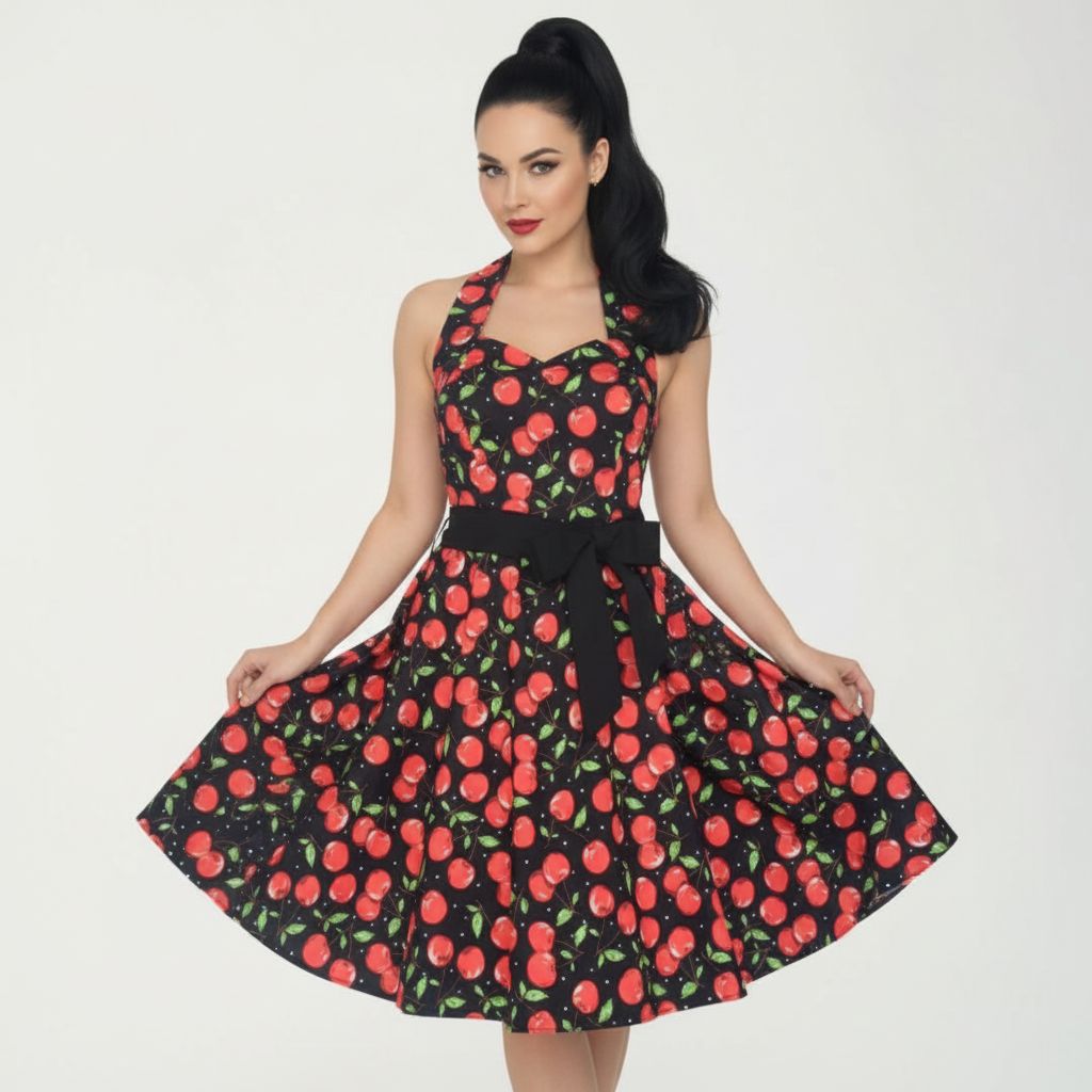 Woman wearing a dress with red cherry pattern on a white background