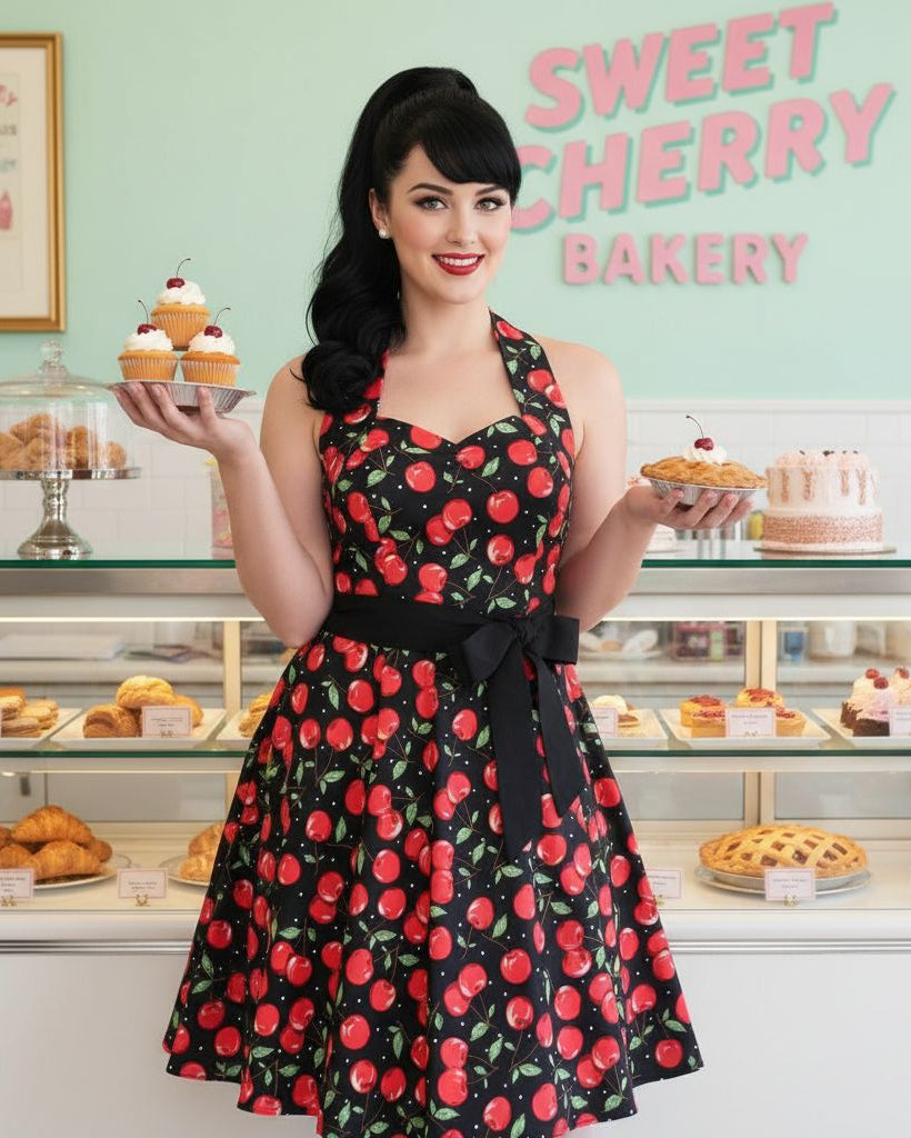 Woman in a cherry dress holding pastries in front of a bakery display.