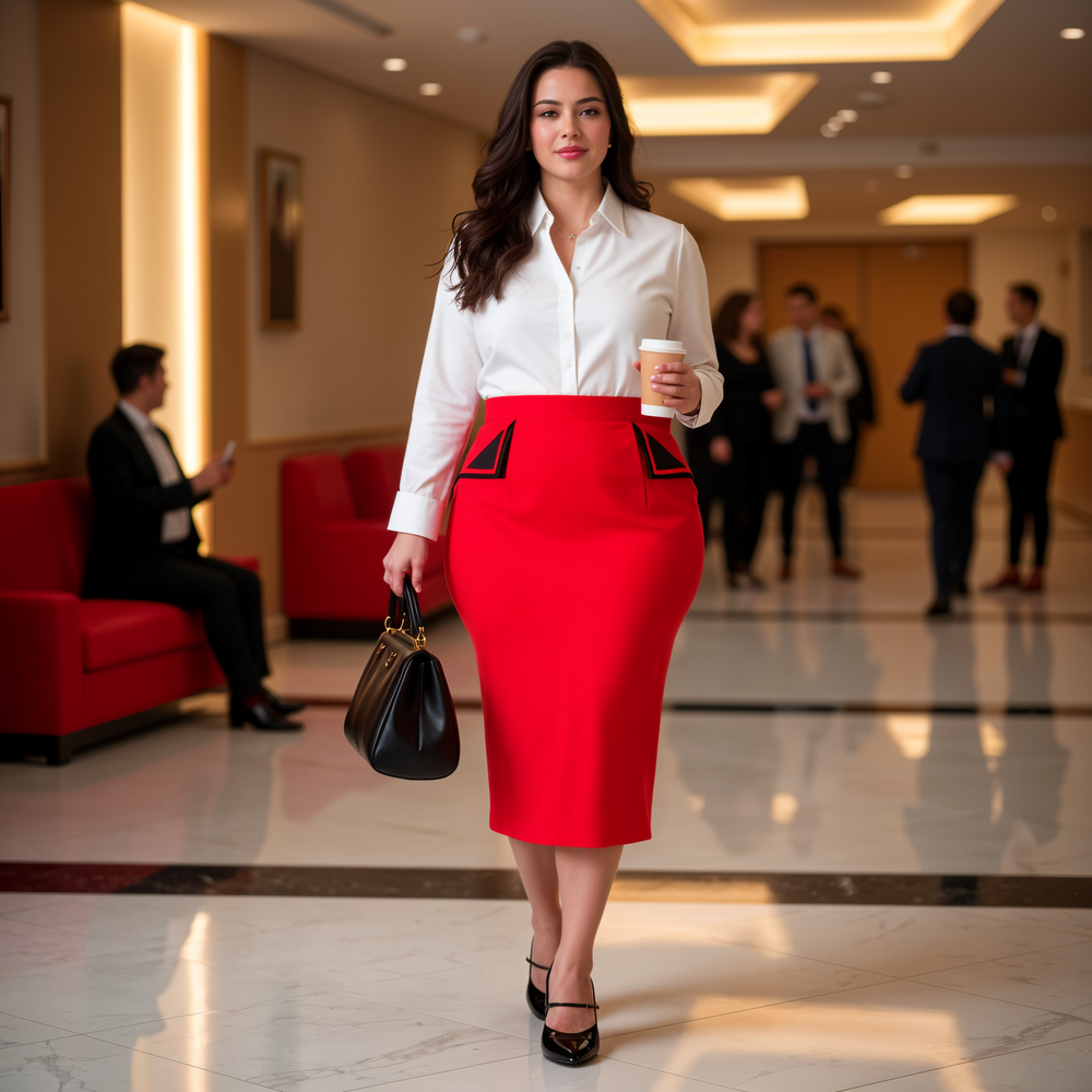 Model showcasing the Classic Plus Size Tori Pencil Skirt in red, paired with a white blouse and stylish accessories.