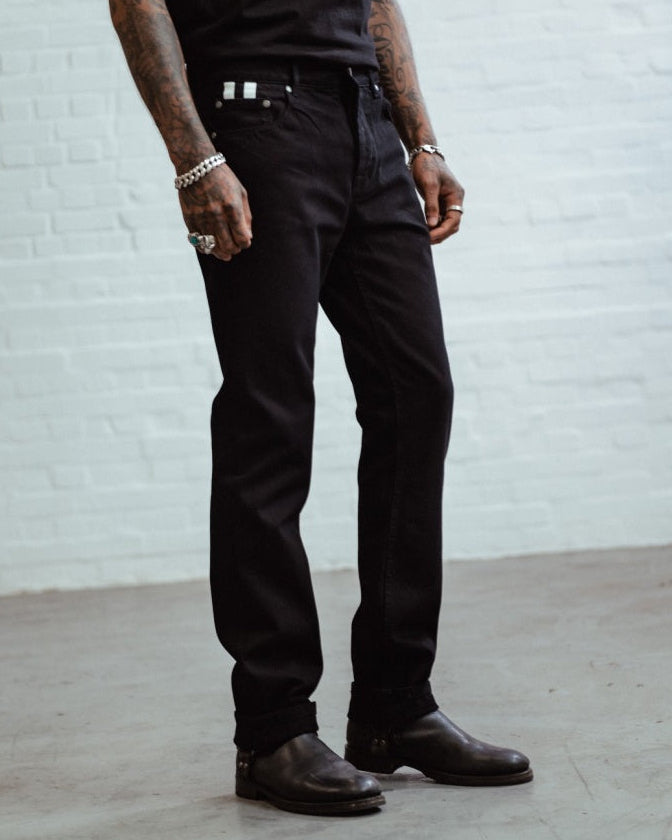 Chet Rock Jerry Lee jeans in black with printed twin stripe detail and loose fit