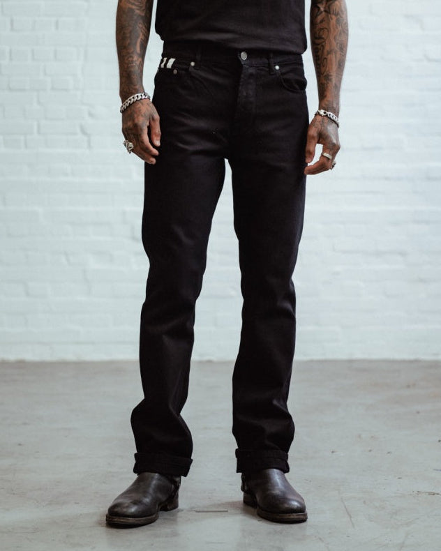 Chet Rock Jerry Lee jeans in black with printed twin stripe detail and loose fit
