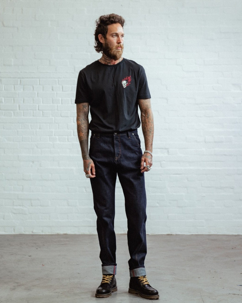 Chet Rock Garage jeans in dark indigo rinse wash denim with angled leg seams and comfort fit