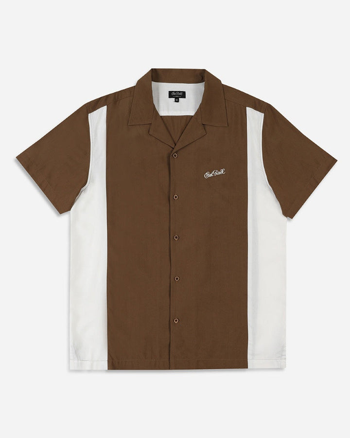 Chet Rock Austin bowling shirt in light brown with off-white side panels and embroidered chest logo