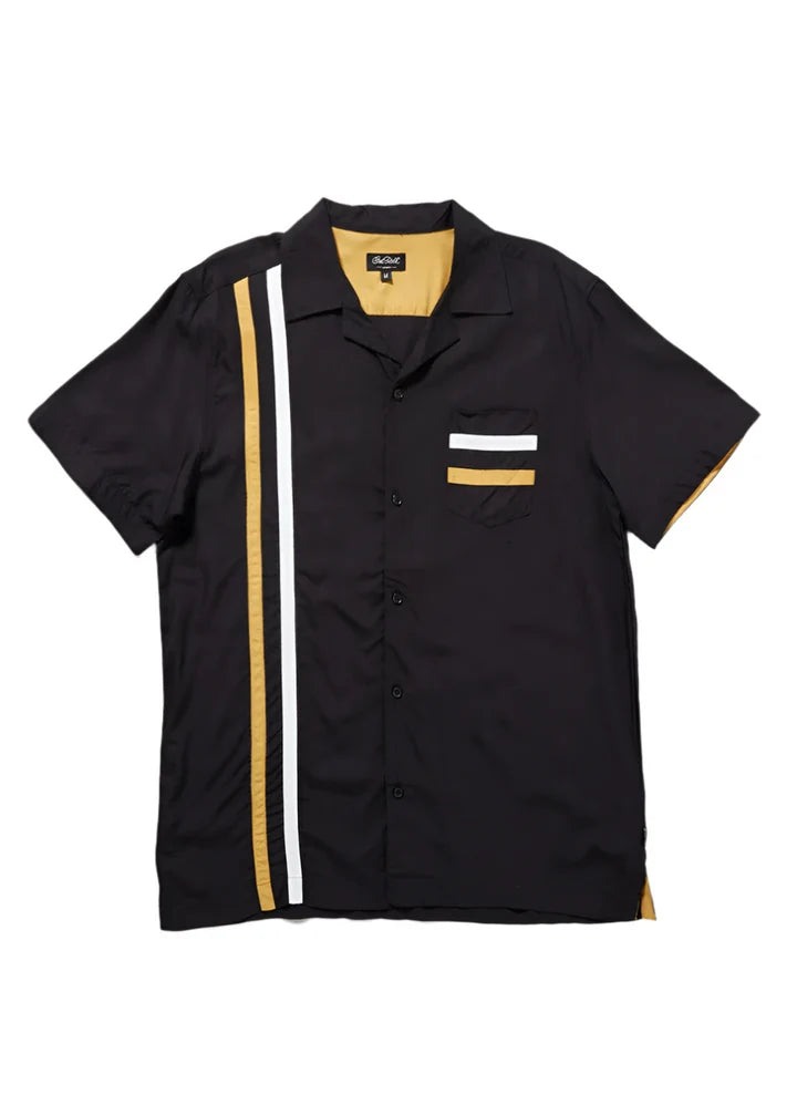 Chet Rock Crossley men’s black bowling shirt with mustard-gold and white stripes