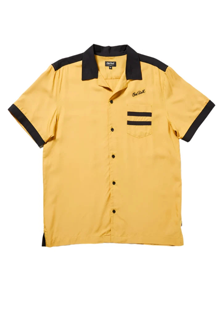 Chet Rock Triumph mustard yellow and black men’s bowling shirt
