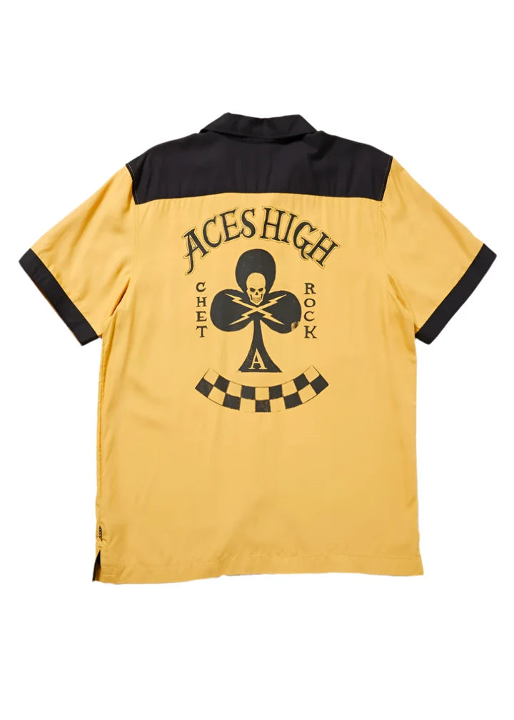 Back view of the Chet Rock Triumph Shirt with Aces High skull print