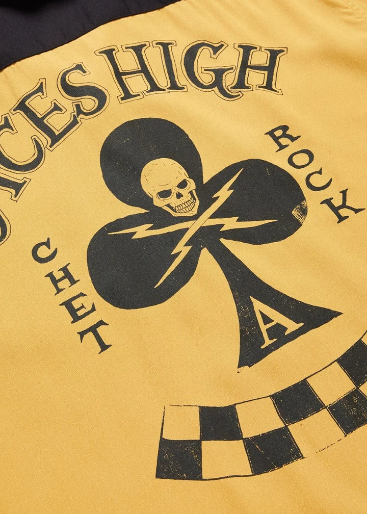 Close-up of Aces High skull and checkerboard back artwork