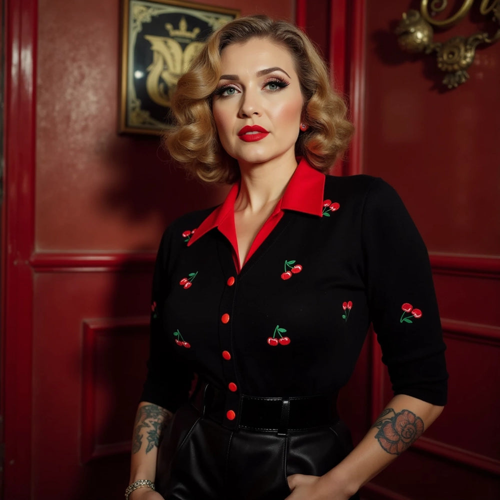 Cropped cherry cardigan with red collar, cherry embroidery, modeled by a woman in a stylish vintage setting.