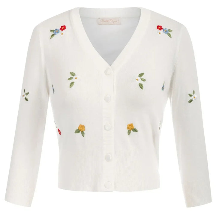 Cropped cherry cardigan with floral embroidery, soft fabric, featuring a vintage pin-up style for playful fashion.