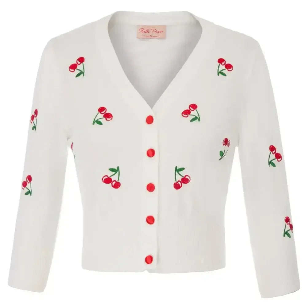 Cropped white cardigan with red cherry embroidery and buttons, stylish and vintage-inspired fashion piece.