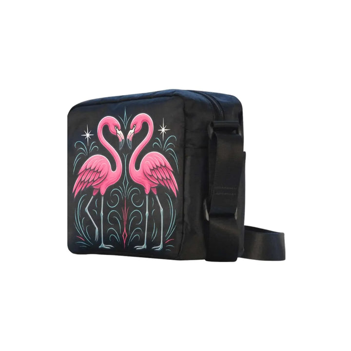 Custom Flamingos Crossbody Bag featuring vibrant pink flamingos with retro design and adjustable strap.