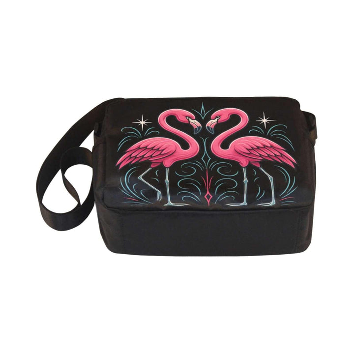 Custom Flamingos Crossbody Bag featuring a vibrant flamingo design on a stylish black background.