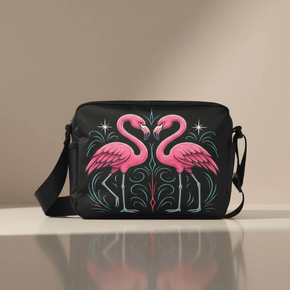 Custom Flamingos Crossbody Bag featuring vibrant pink flamingo design on a sleek black background.