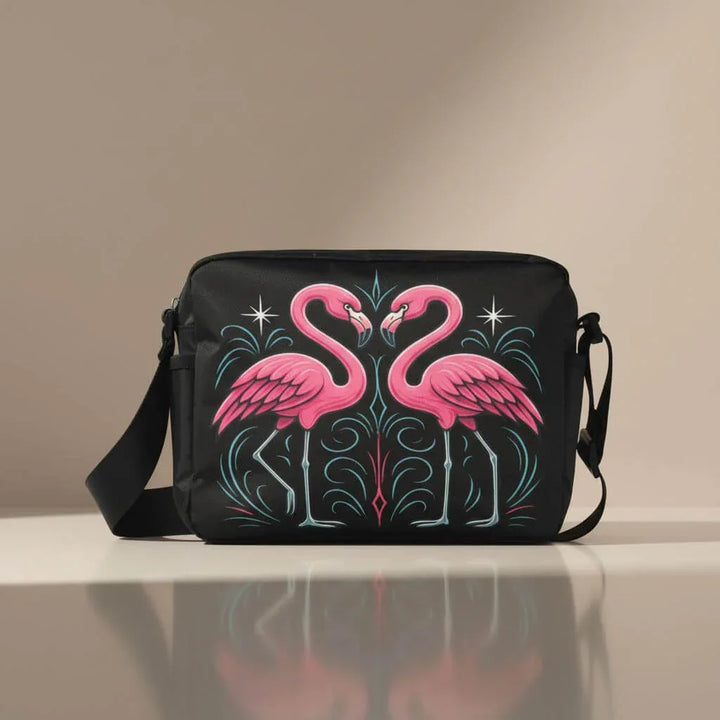 Custom Flamingos Crossbody Bag featuring vibrant pink flamingo design on a sleek black background.