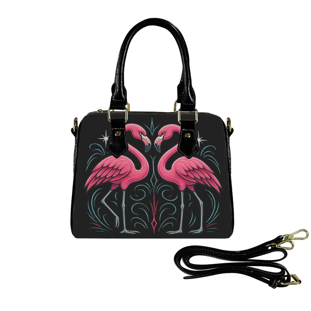 Custom Flamingos Handbag featuring pink flamingos and sleek black accents, perfect for vintage glam and tropical style.