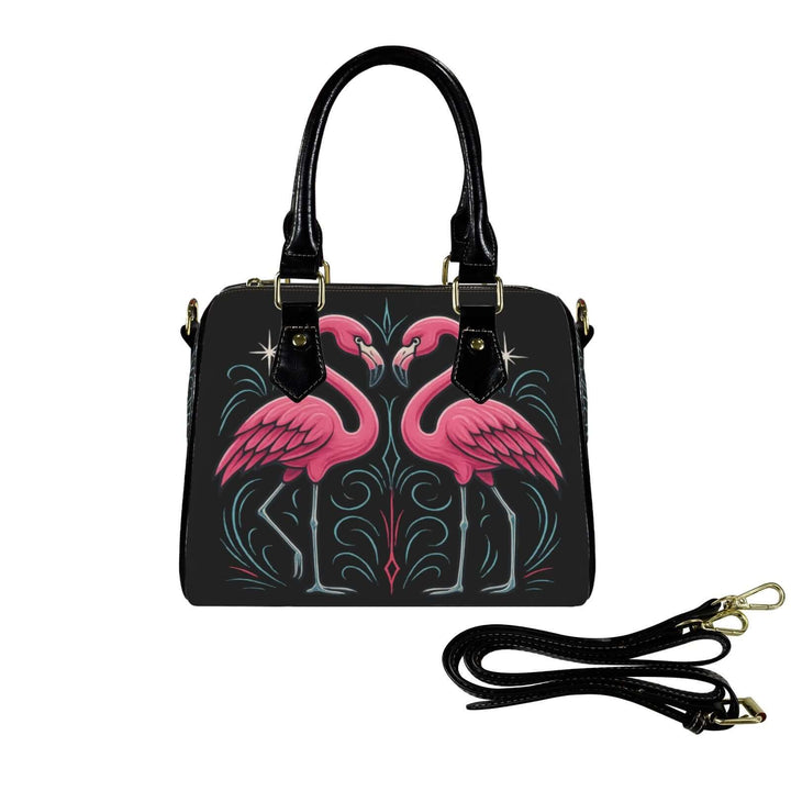 Custom Flamingos Handbag featuring pink flamingos and sleek black accents, perfect for vintage glam and tropical style.