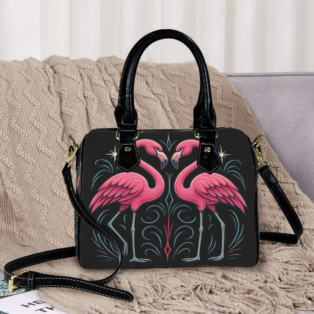 Custom Flamingos Handbag featuring vibrant flamingo design, chic black handles, and a stylish vegan-friendly finish.