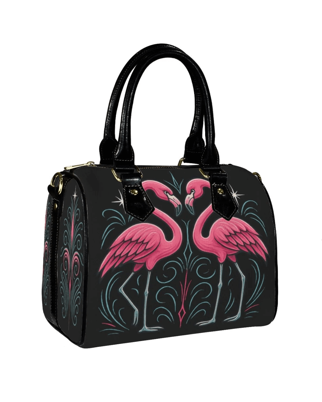 Custom Flamingos Handbag featuring pink flamingo design with sleek black handles and adjustable strap.