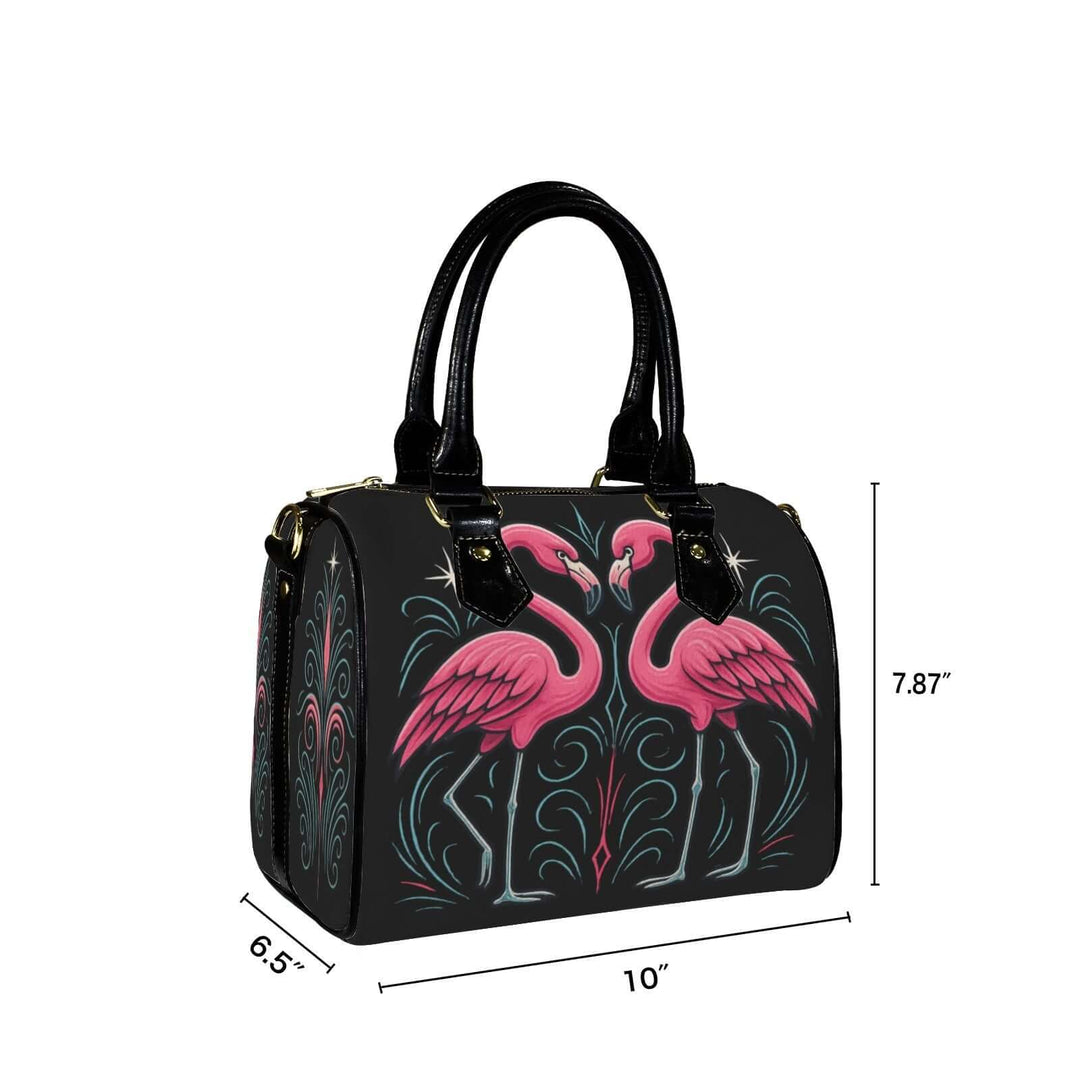 Custom Flamingos Handbag featuring vibrant flamingo designs, sleek black handles, and adjustable strap, dimensions 10" × 6.5" × 7.87".