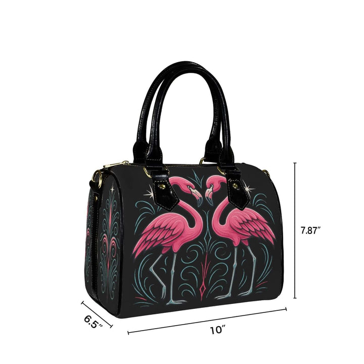 Custom Flamingos Handbag featuring vibrant flamingo designs, sleek black handles, and adjustable strap, dimensions 10" × 6.5" × 7.87".