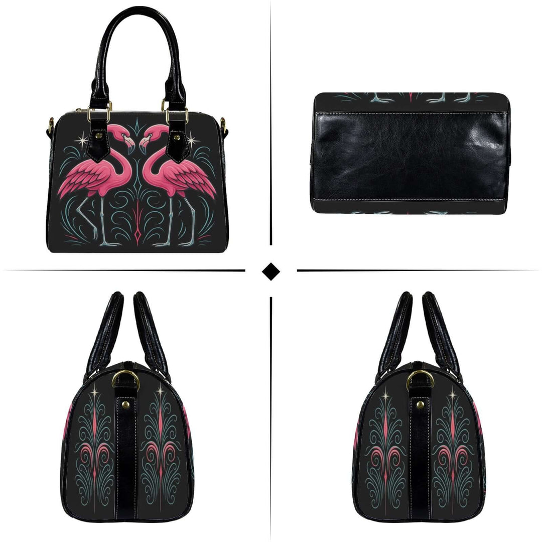 Custom Flamingos Handbag featuring vintage glam design with pink flamingos on a chic black PU leather body.