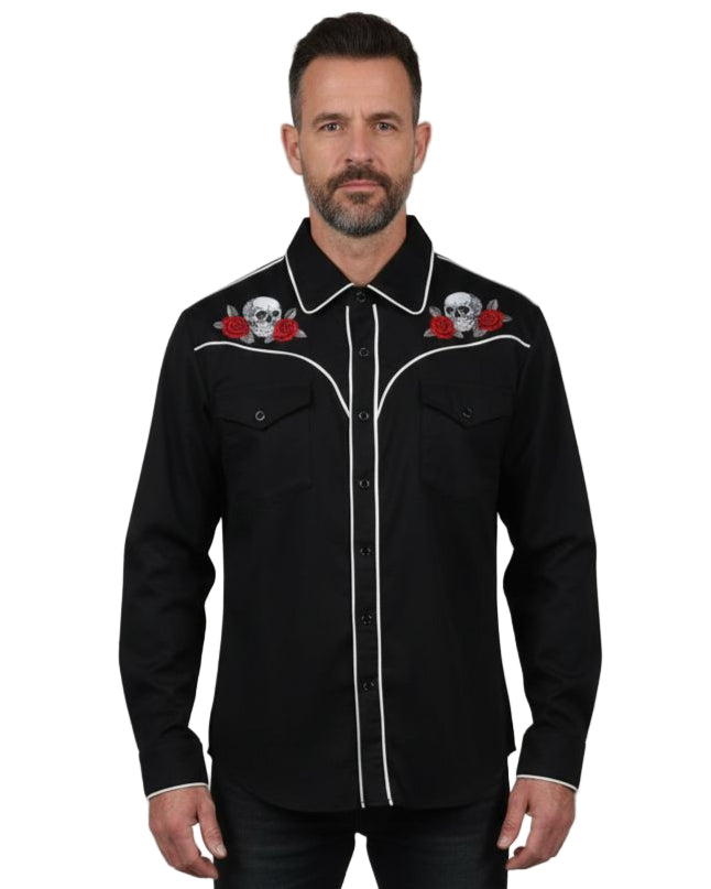 Man wearing a black western shirt with skull and roses embroidery 