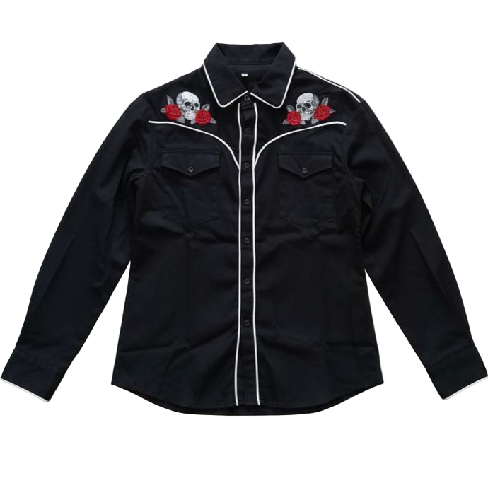 Black western shirt with skull designs on a white background