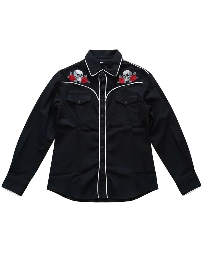 Black western shirt with skull and rose designs on a white background