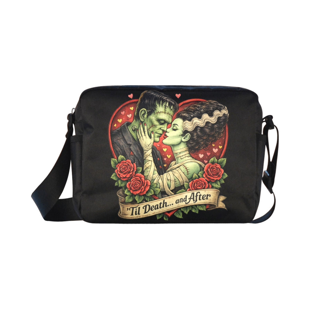 Black gothic crossbody bag featuring monster bride and groom artwork with red roses and “Til Death and After” text