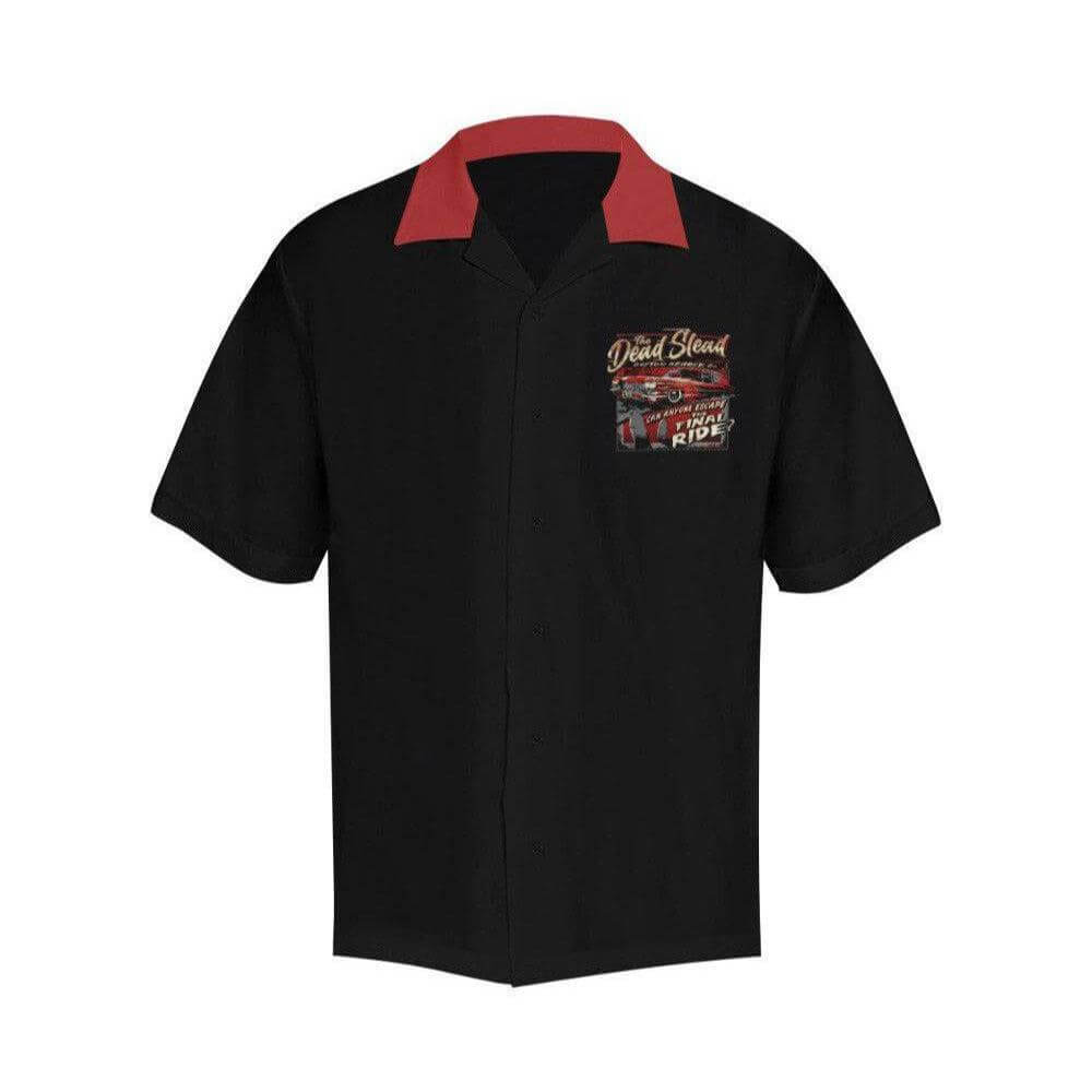 Dead Slead Button Up Shirt with kool ratrod hearse print and red collar, perfect for kustom kulture enthusiasts.