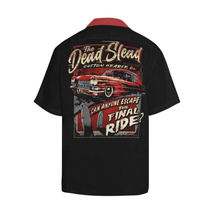 Dead Slead Button Up Shirt featuring a vintage hearse print, perfect for kustom kulture and macabre style.
