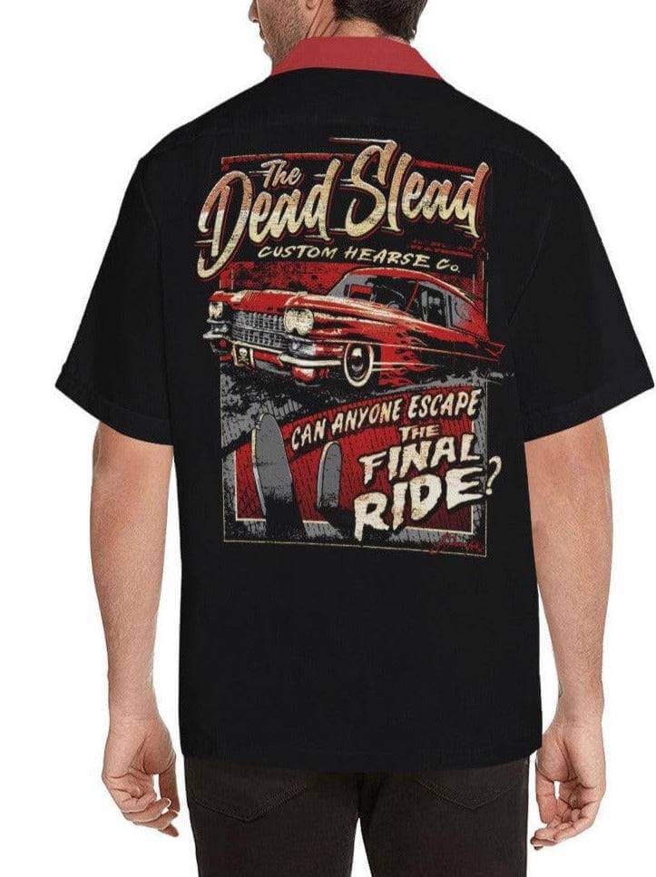 Dead Slead Button Up Shirt featuring cool ratrod hearse print, showcasing kustom kulture style with generous sizing.