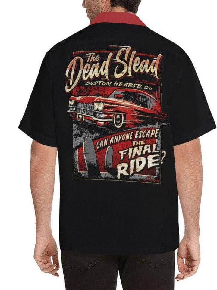 Dead Slead Button Up Shirt featuring cool ratrod hearse print, showcasing kustom kulture style with generous sizing.