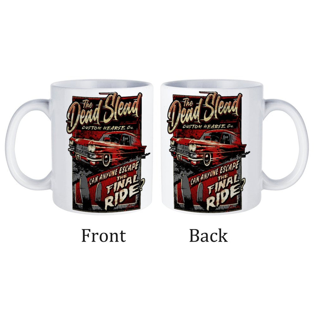 Dead Slead white ceramic mug featuring a custom hearse design, ideal for coffee or tea lovers.